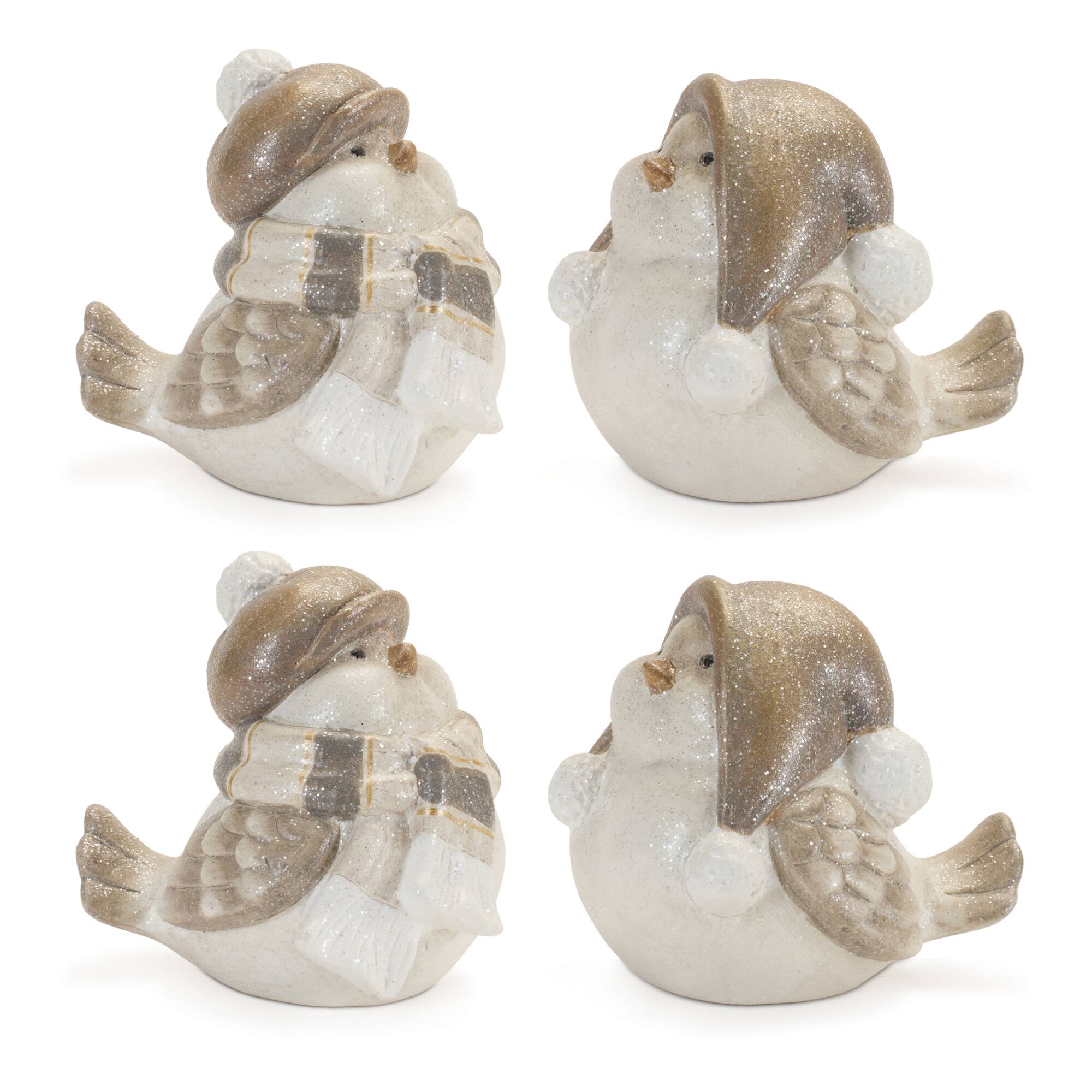 Glittered Winter Bird with Hat Figurines Set